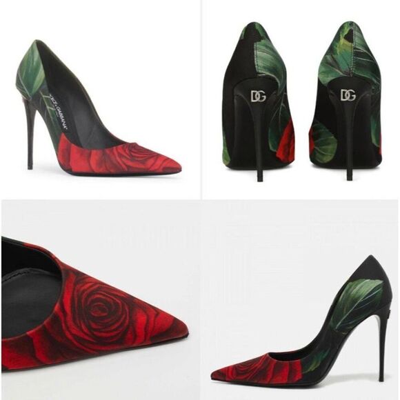 NWT DOLCE & GABBANA Black Satin Rose Print Pointed Toe Stiletto Pumps Si… - Picture 3 of 16